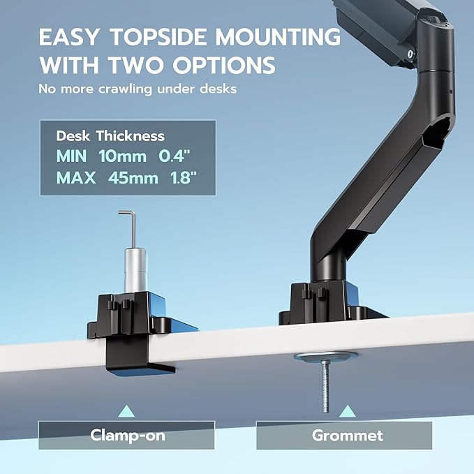 ARES WING Single Monitor Arm, Heavy Duty Adjustable Monitor Arm for 13"-45" Screens with USB, Gas Spring Desk Mount Stand with C Clamp/Grommet Mounting Base up to 40lbs Computer, Black
