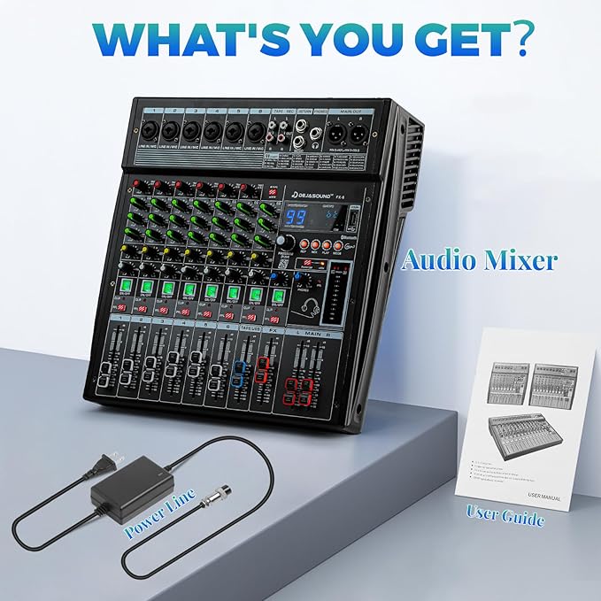 6-Channel Professional Audio Mixer, FX-6usb Mixing Console with XLR Inputs, Bluetooth, 99 DSP Effects, MP3, USB Interface for Podcast, Music, Recording, PC 13.39"x3.54"x12.60"inches