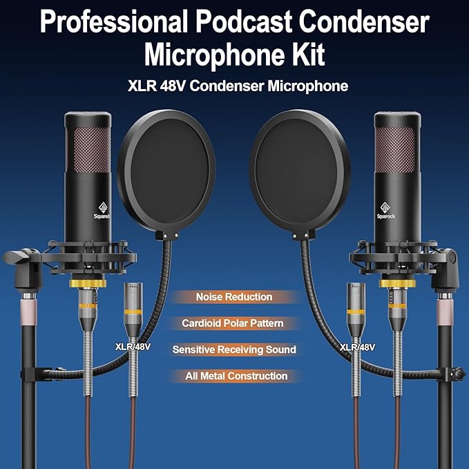 Podcast Equipment Bundle for 2 with Dual 48V XLR Condenser Micophones with Mic Pop Filters Audio Equipment for Live Streaming/ Recording, Online Gaming for Phone/ Laptop/ PC Audio Interface M100