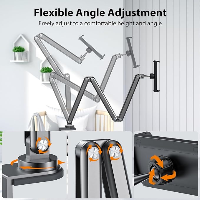 KU XIU Aluminum Alloy Tablet Stand for Desk, Adjustable Foldable Arm Holder Mount Compatible with iPad 10/9th, iPad 13/12.9/11'' Pro Air Mini, Portable Monitor 7-15.6'', Samsung Galaxy Tab S9/FE/A9/S6