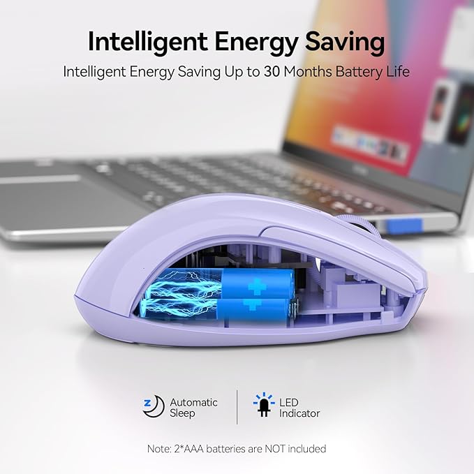 TECKNET Wireless Mouse (2.4G & BT5.0/3.0) Silent 4800 DPI Computer USB A & Bluetooth Mouse 6 Buttons, Wide Compatibility - Lavender