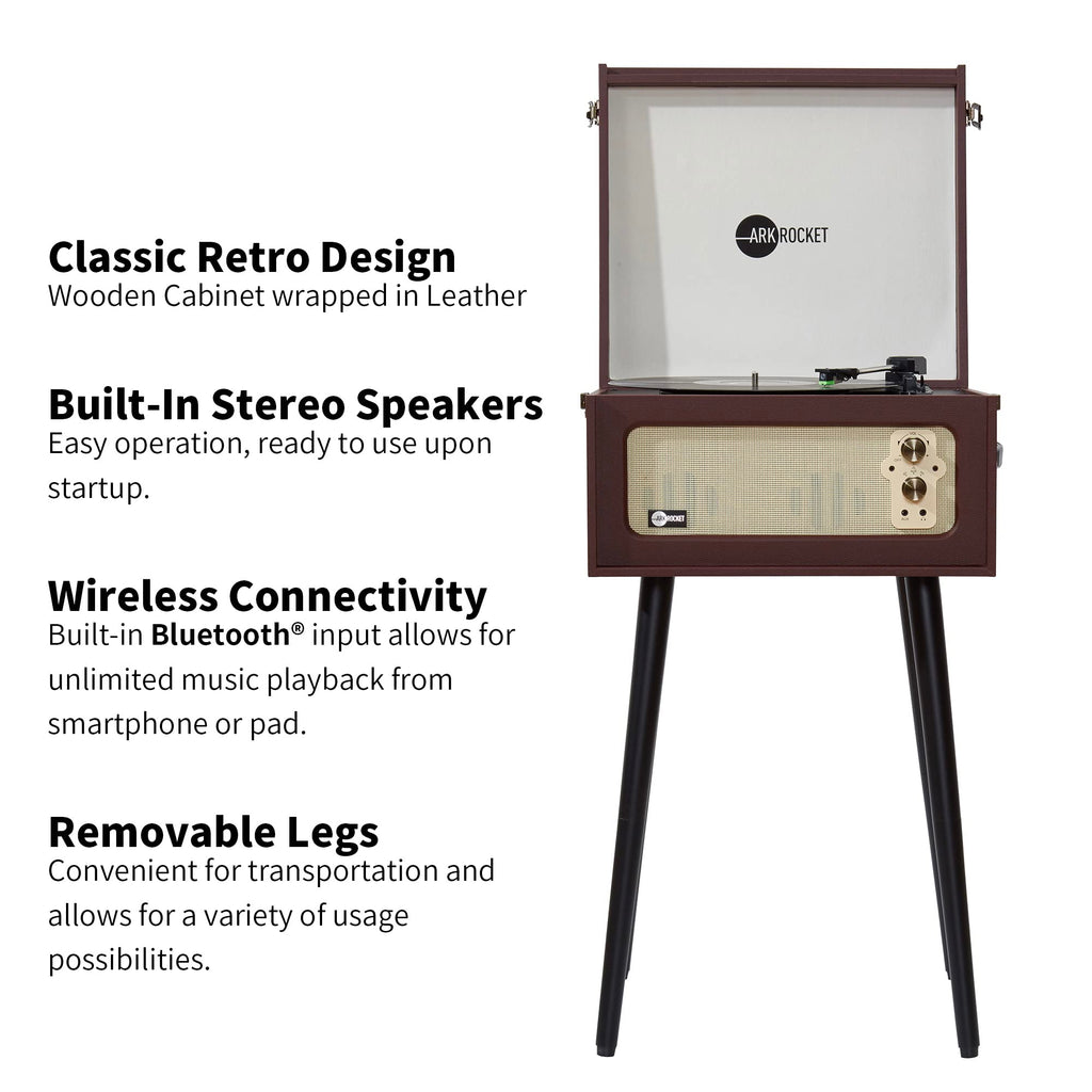 Arkrocket Discovery II 3-Speed Bluetooth Record Player Retro Console Turntable with Built-in Speakers and Removable Legs (Brown)