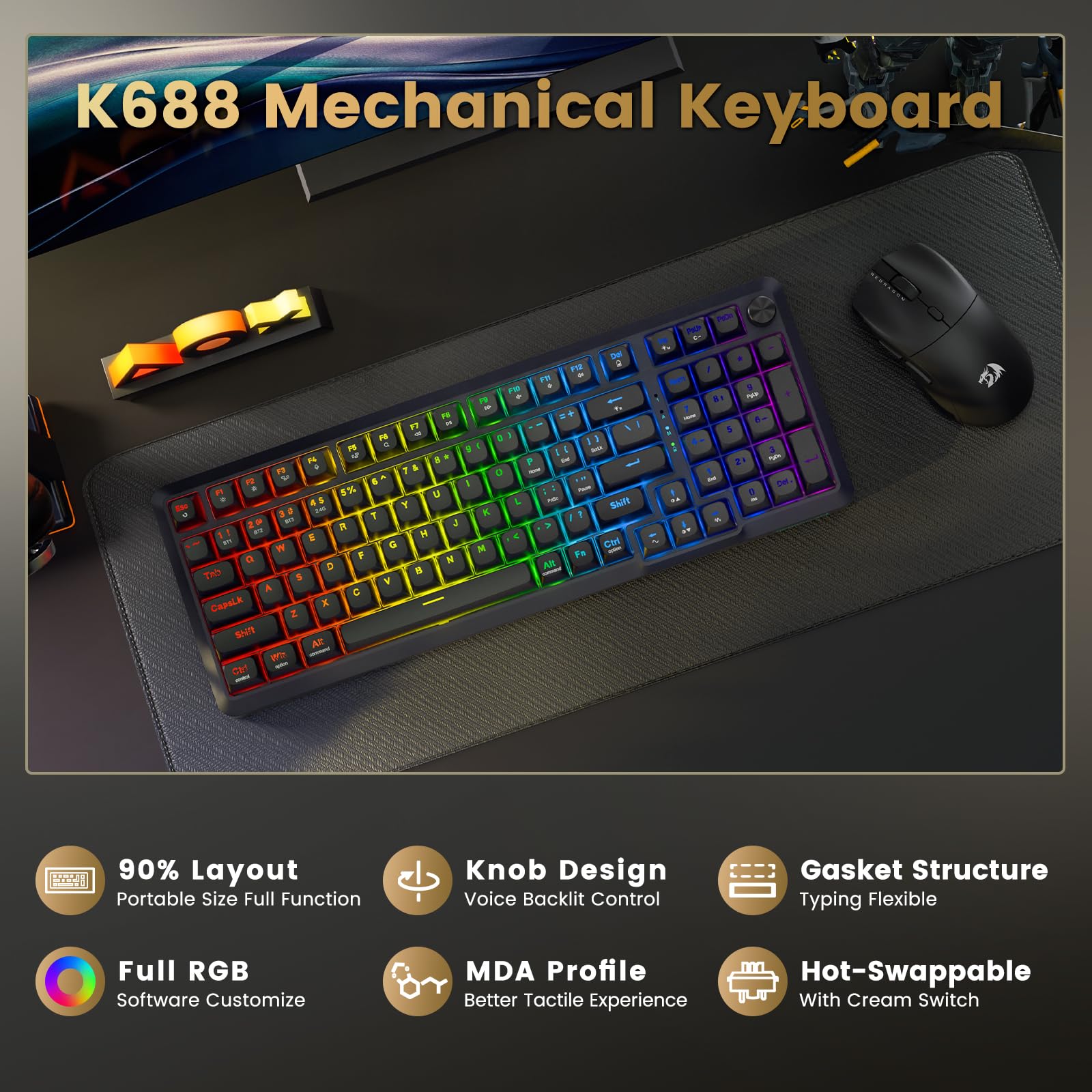 Redragon Wireless Mechanical Keyboard, 3 Mode Gasket Mounted RGB Gaming Keyboard with Volume Knob, Pre-Lubed Linear Switches, MDA-Profile, 98 Keys Hot Swappable Creamy Keyboard for PC/Tablet/Xbox/PS4