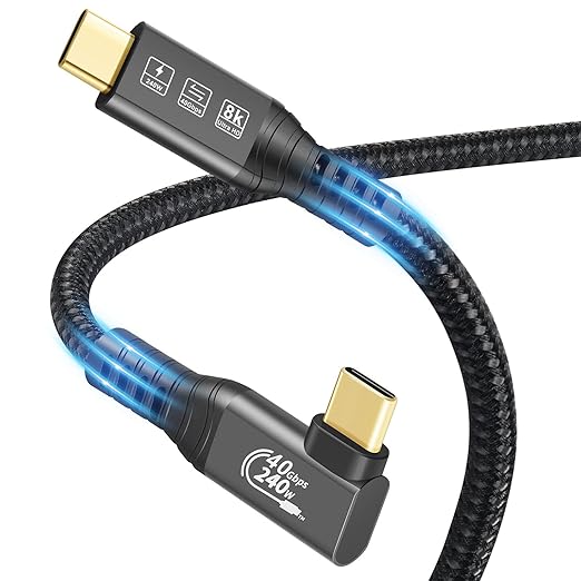 USB4 Cable, with Thunderbolt 4 Cable, 240W Charging, 40 Gbps Data, 8K @ 60Hz HDR, USB C to USB C, 90Degree for Hub, Dock MacBook, M2, M3, Mac SSD (90Degree USB4 40G 240W 1M)