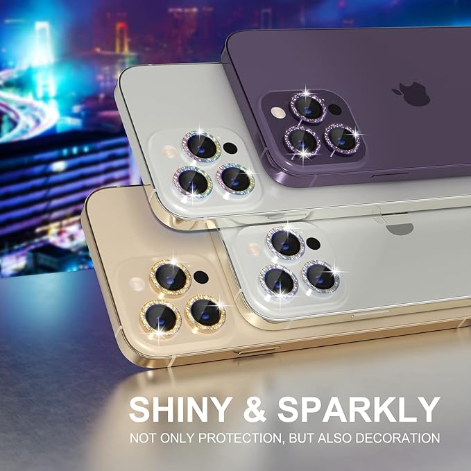 Choiche [3+1 for iPhone 14 Pro/iPhone 14 Pro Max Camera Lens Protector Bling, 9H Tempered Glass Camera Cover Screen Protector Metal Ring Decoration Accessories (Glitter-Purple)