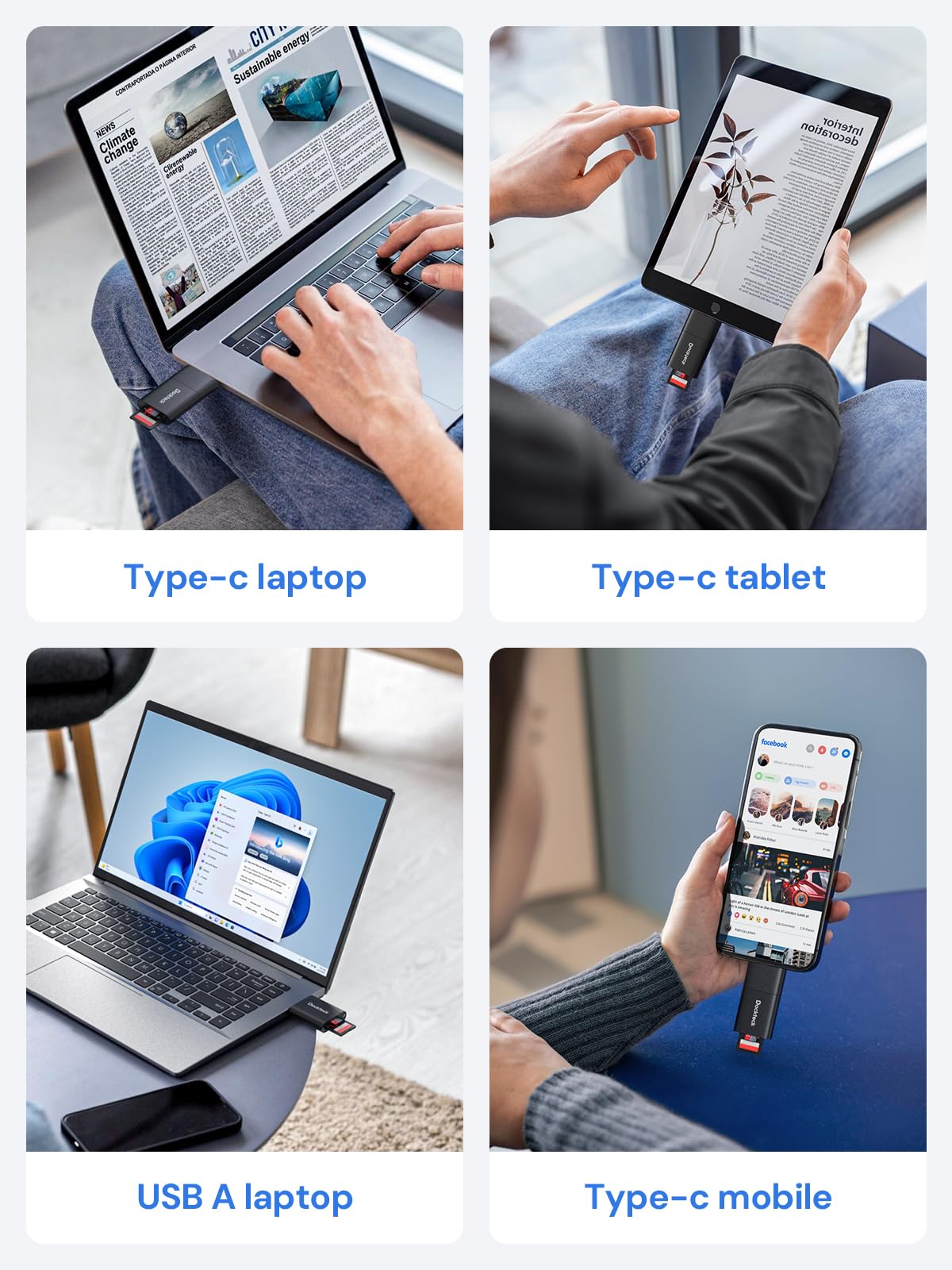 Dockteck SD Card Reader, Dual-Slot Card Reader to Micro SD Card Adapter