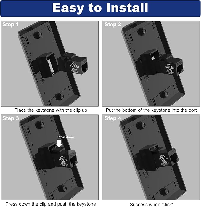 VCE Black Ethernet Wall Plate (UL-Listed), 1-Port CAT6 Wall Plate and Jack, RJ45 Keystone Wall Outlet with Single Gang Low Voltage Mounting Bracket, 2-Pack