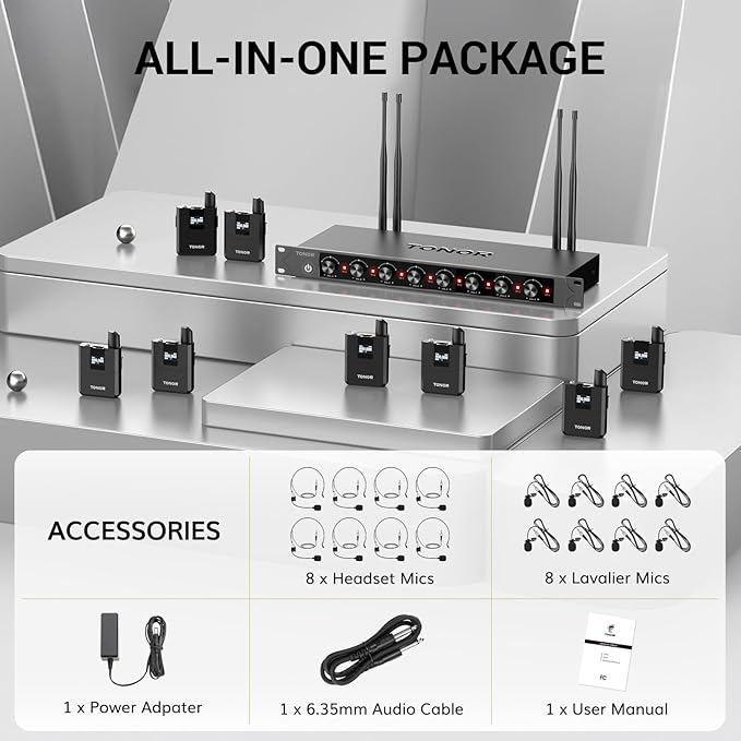 TONOR Wireless Microphones System with 8x12 Channels Headset/Lavalier Lapel Mics, Bodypack Transmitter, Receiver, 295ft UHF Range for Church Conference Performance Singing Karaoke PA Speaker Mixer