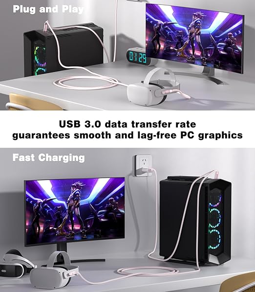 16FT VR Charging Link Cable | USB 3.0 High-Speed Data & Charge for Meta Quest 3S/3/2/Pro, Pico 4 and PC/SteamVR USB-C Charger Cord for VR Headset - Pink