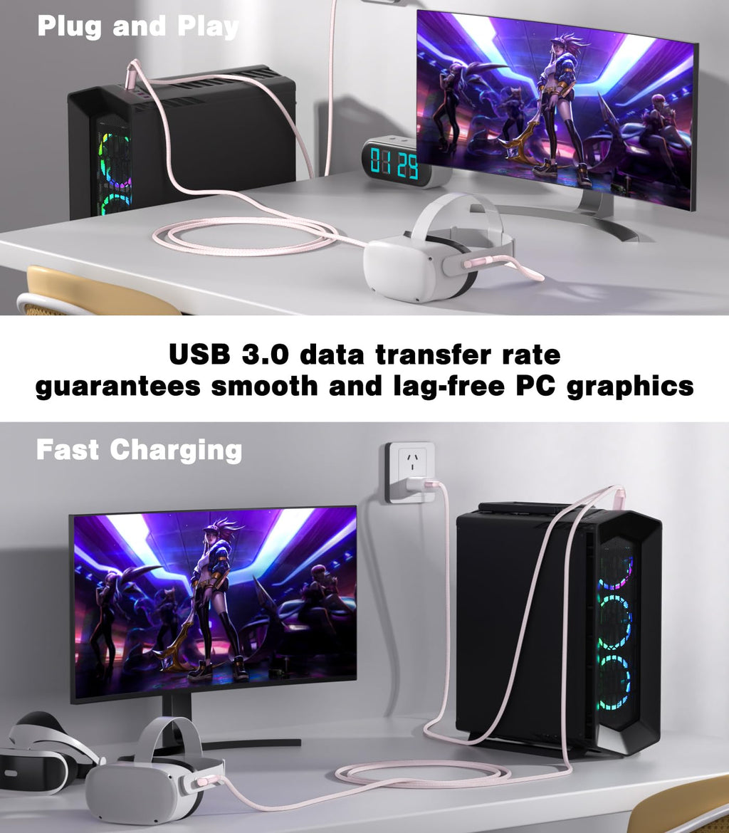 SWITCHFLUX 16FT VR Charging Link Cable | USB 3.0 High-Speed Data & Charge for Meta Quest 3S/3/2/Pro, Pico 4 and PC/SteamVR USB-C Charger Cord for VR Headset - Pink
