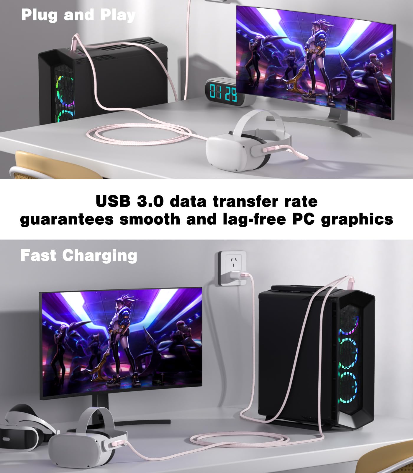 SWITCHFLUX 16FT VR Charging Link Cable | USB 3.0 High-Speed Data & Charge for Meta Quest 3S/3/2/Pro, Pico 4 and PC/SteamVR USB-C Charger Cord for VR Headset - Pink