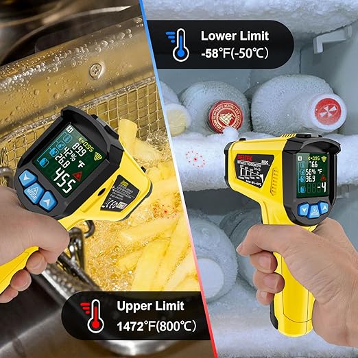 MESTEK Infrared Thermometer Temperature Gun, Non-Contact Digital Laser Thermometer with Probe for Cooking, Home and Industry Repair, Humidity Measurement, Adjustable Emissivity -58°F to 1472°F