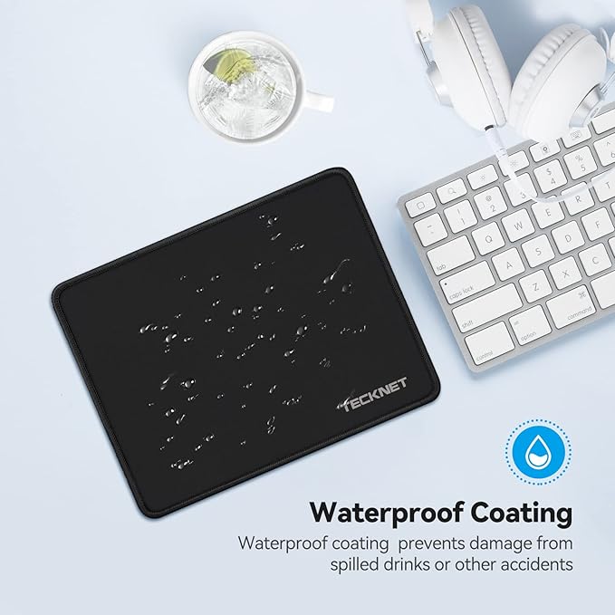 TECKNET Mouse Pad with Anti-fray Stitching, Waterproof Surface & Non-Slip Rubber Base with Stitched Edges Gaming Mouse Mat for Laptop，Compatible with Laser and Optical Mice - Black