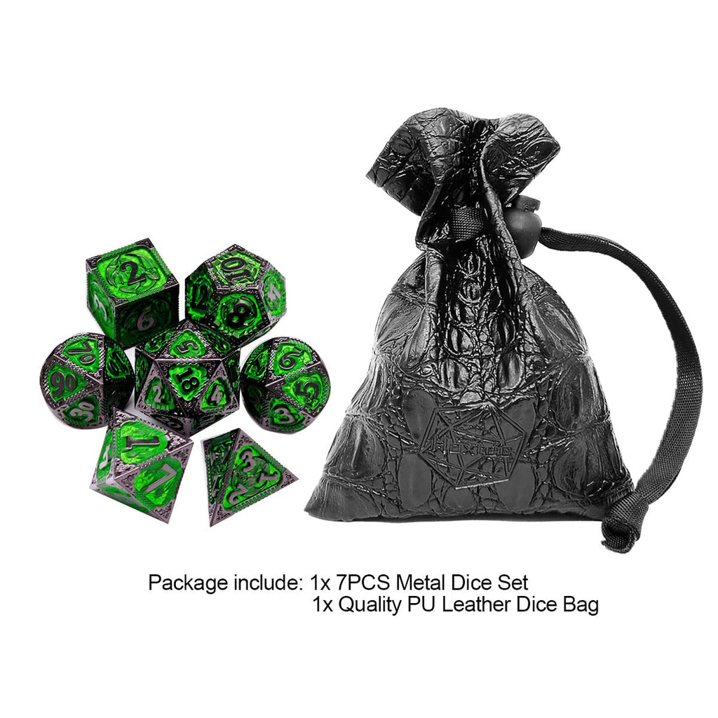 Haxtec Metal Dice Set Green Black Dragon Pattern Metal DND Dice with Leather Dice Bag Polyhedral D&D Dice Compatible with Dungeons and Dragons TTRPG Gifts