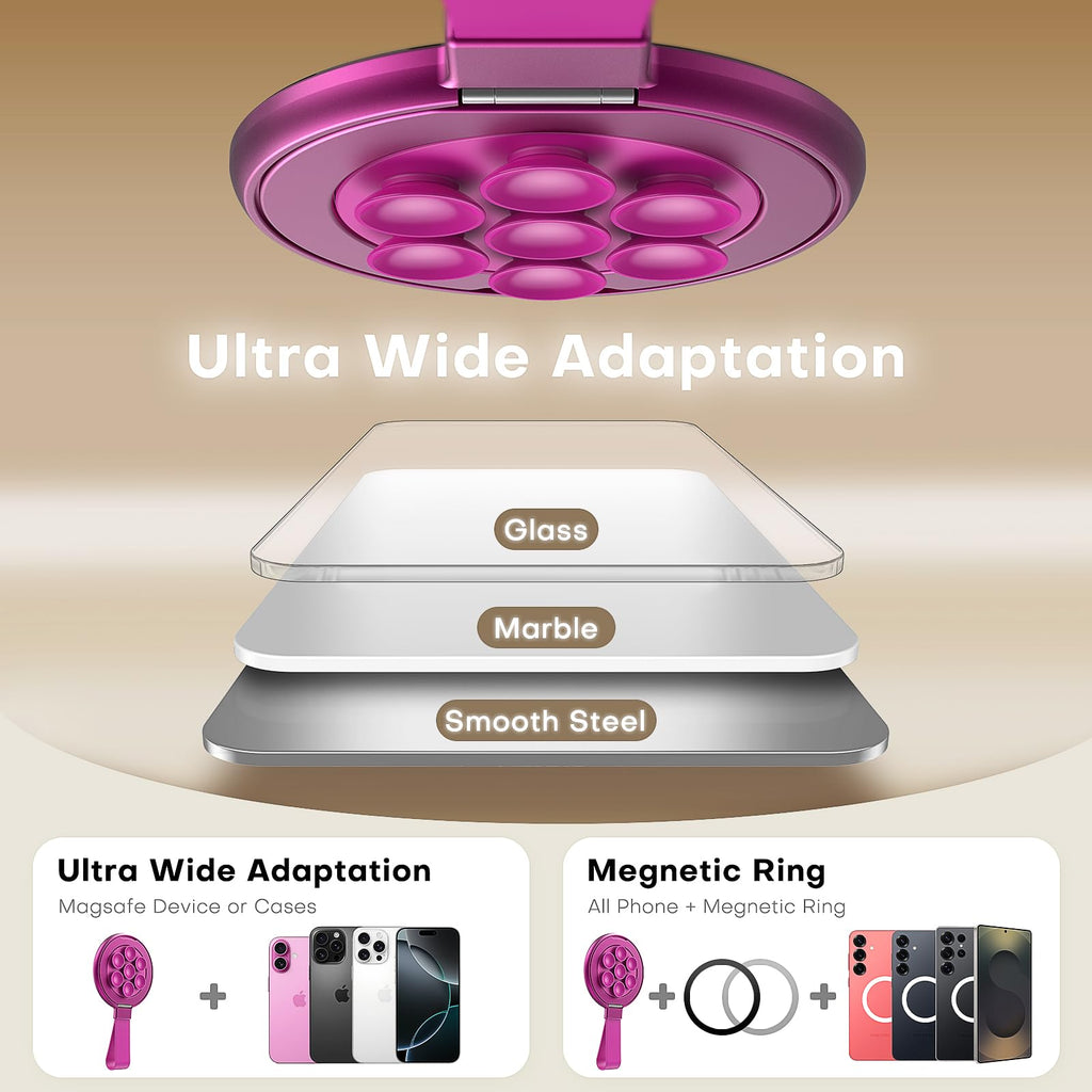 TAURI for Magsafe Suction Phone Grip - Universal Magnetic Suction Grip, 360° Rotating Hands-Free Holder, Silicone Suction Grip for iPhone 17 Pro Max/16/Android/S25,Hot Pink
