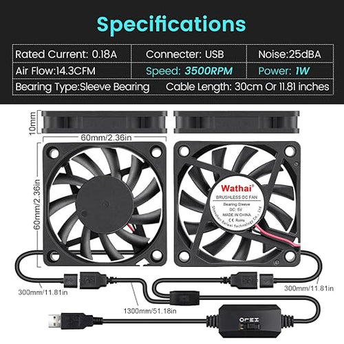 2 Packs Wathai 60mm x 10mm USB Computer Fan 5V with Speed Control for DIY