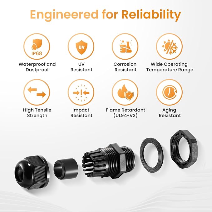 QILIPSU 50pcs 1/2" NPT Cable Gland Waterproof IP68 Nylon Cable Pass Through Cord Grip Connector Strain Relief Wire Grommet