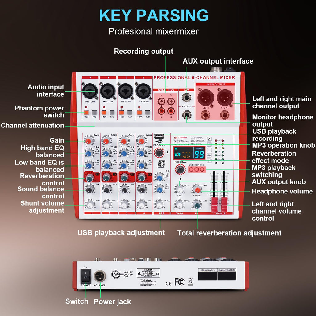 Yamnweo MW-6 White 6 Channel Professional DJ Audio Mixer, Portable Controller Mixer with DSP 99 Preset Effects for Live Streaming, Podcasting, Family Party, Music Recording