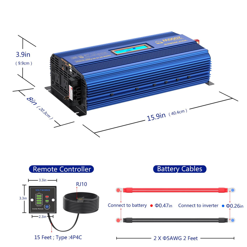 Power Inverter 2000w DC 12V to AC 120V ETL UL458 VOLTWORKS
