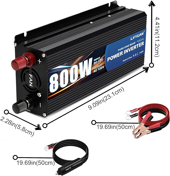LVYUAN 800 Watt Pure Sine Wave Power Inverter 12V to 110V120V DC to AC Converter with Dual Sockets, Dual USB Ports, LED Display for Home Outdoor RV Car Power Inverter Power Adapter