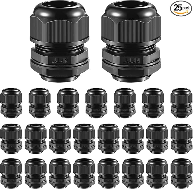 25 PCS 1"(17-25mm) NPT Nylon Cable Gland Joints with Gaskets, IP68 Adjustable Lock Nut Strain Relief Cord Grip Waterproof Cable Glands - UL Listed and RoHS Compliant