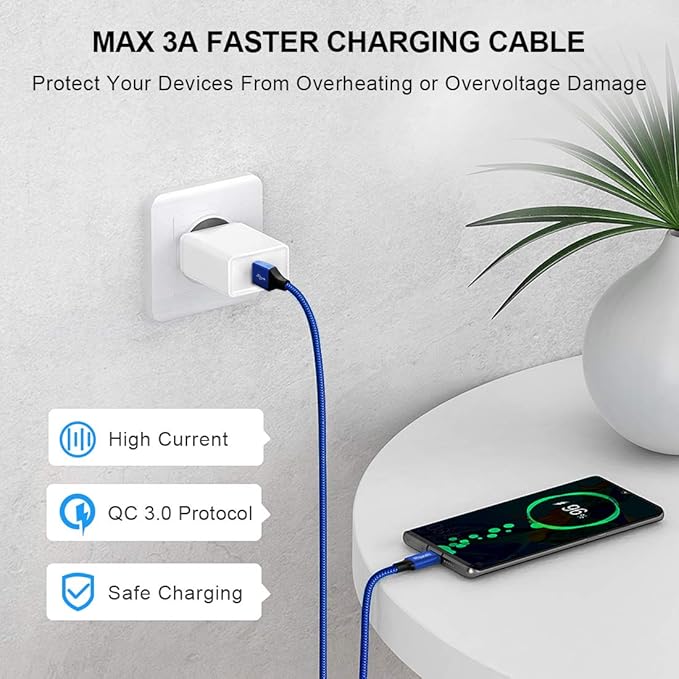 etguuds 6ft USB A to USB C Cable 3A Fast Charging, 2-Pack USB A to USB Type C Charger Cord for iPhone 16 15 Pro/Pro Max/Plus, for Samsung Galaxy S24 S23 S22 S21 S20 S10 A55 A54 Flip Note, Moto, Blue