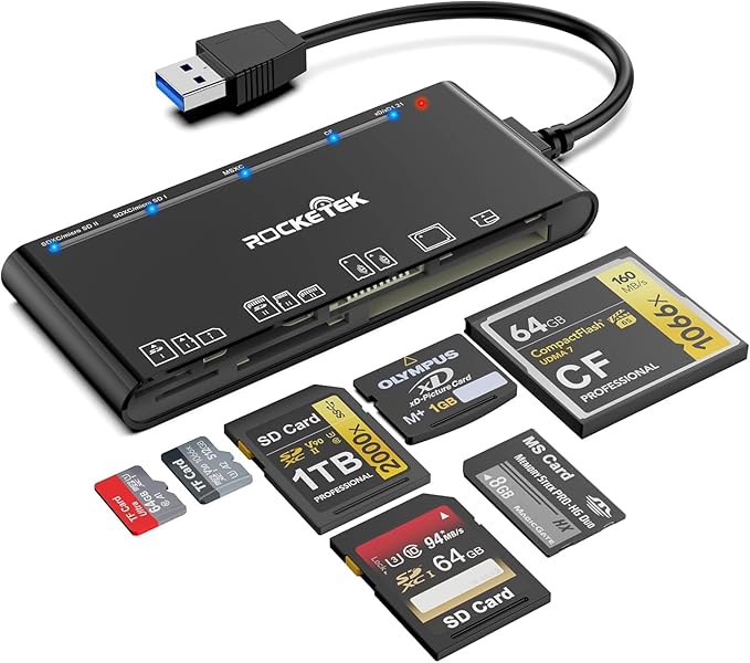 xD-Picture Card Reader USB 3.0, Multi-Card Reader for xD/CF/MS/SD/TF, 7-in-1 Memory Card Reader/Adapter for Windows, Mac, Linux (USB-A)