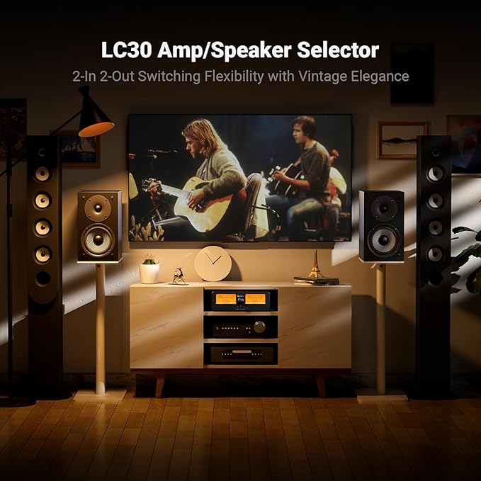 Fosi Audio LC30 VU Meter Amplifier Speaker Selector Switch Box Audio Visualizer 2 in 2 Out Vintage Switcher for High Power Stereo Class A, B, AB, D, Tube Amps Home Audio Component with Remote Control