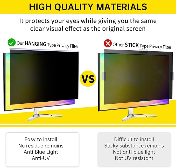 27 Inch Computer Privacy Screen for 16:9 Computer Monitor, Anti-Blue Light Monitor Privacy Screen Filter, Anti-UV Computer Screen Privacy Shield, Hanging Type