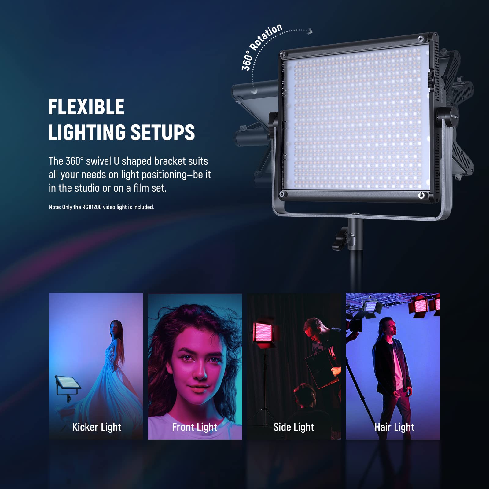 NEEWER RGB1200 RGB LED Video Light Panel with APP/2.4G Control, 60W Studio Photography Lighting 22000Lux@0.5m/1% Precise Min Dimming/360° Full Color/ CRI97+/TLCI98+/2500K-8500K/18 Effect with Barndoor