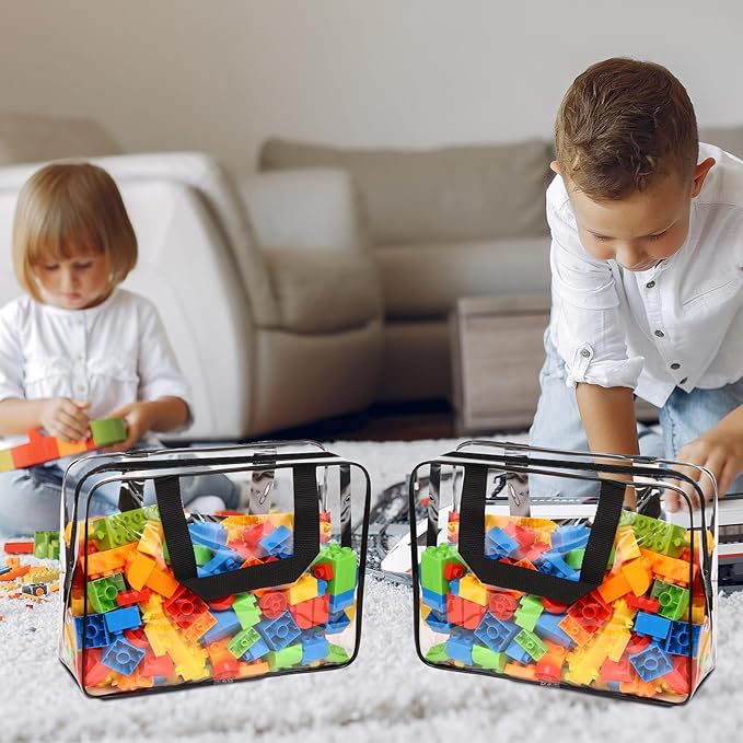 18 Packs Large Toy Storage Bags with Labels, Waterproof Clear Pvc Storage Bags for Toys, Travel Organizer Bags with Zipper Closure for Puzzles, Building Blocks, Kids' Books
