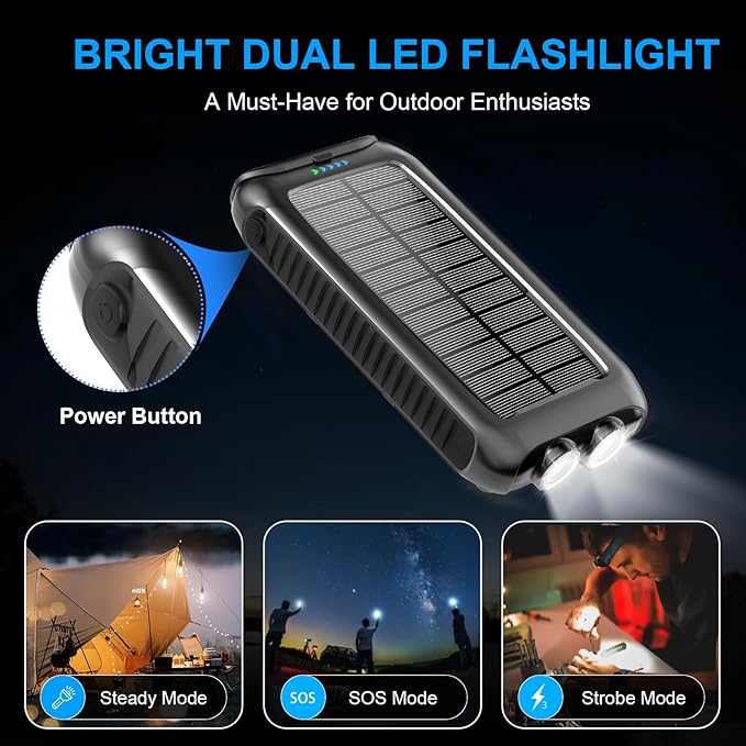 Solar-Charger-Power-Bank-49800mAh Portable Solar Phone Charger with LED Flashlight/15W Fast Charge USB C Waterproof External Backup Battery Pack for All Cell Phones & Electronic Devices