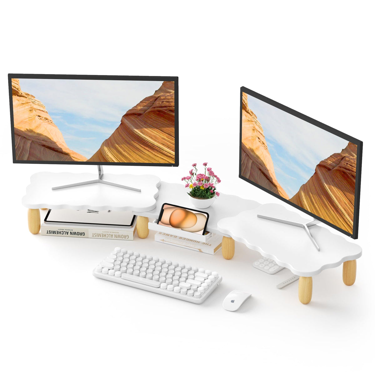 AFOOYO Dual Monitor Stand Riser, Wing-Shaped Sturdy Desktop Wood Stand for 2 Monitors, White Riser for Laptop, PC, Computer