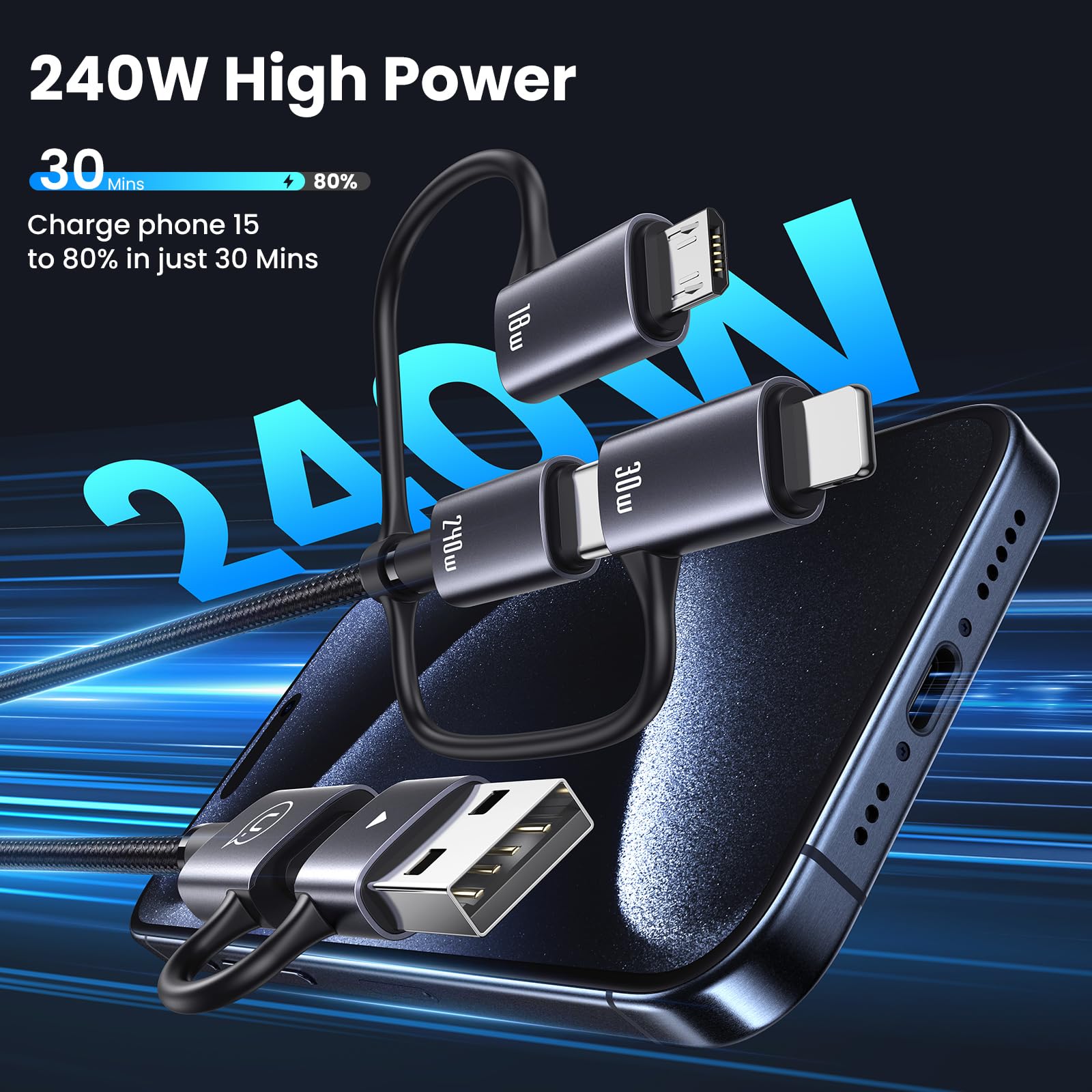 YOUSAMS 240W Multi Charging Cable, 6.6ft 6-in-1 USB C Cable Fast Charging Cords with USB-C/A Ports to IP/Type C/Micro Connectors for Pad/Cell Phones/Tablets/Laptop