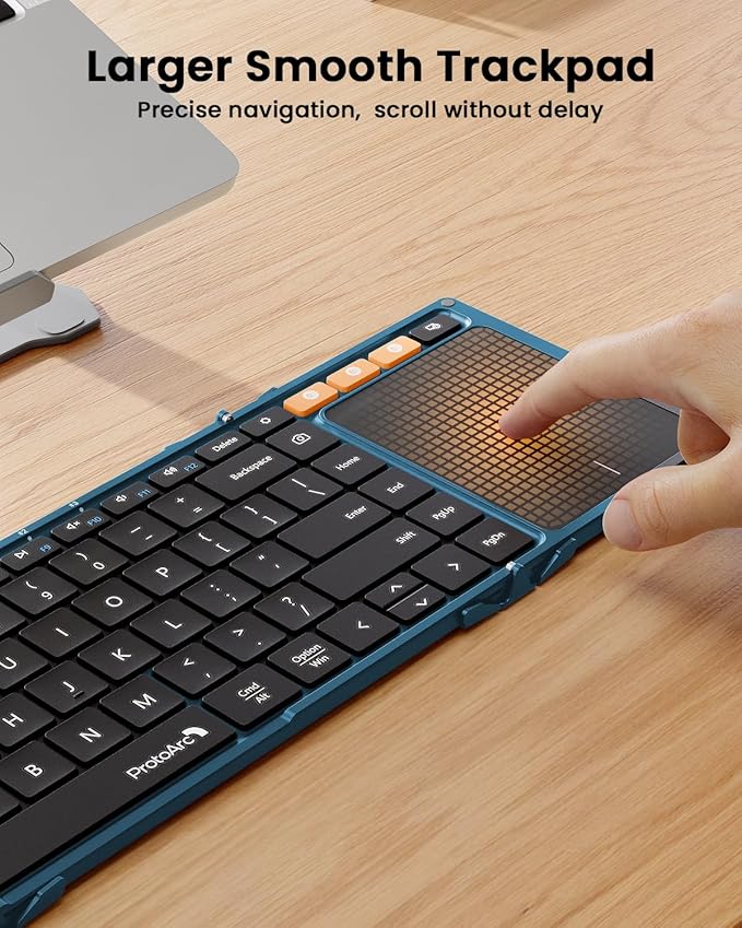 ProtoArc Foldable Keyboard with Touchpad, XK01 TP Folding Portable Keyboard, Full Size Keys, Large Trackpad Bluetooth Travel Keyboards for Laptop PC Tablet - Blue