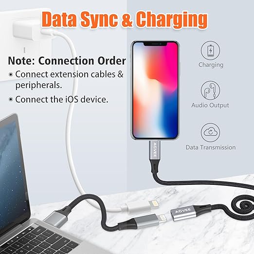 AGVEE 1ft Lightning Extension Cable, Braided Female to Male Extender Full Function Cord Compatible with iPhone iPad, Data Sync Video Audio & Charging Connector Adapter, Dark Gray