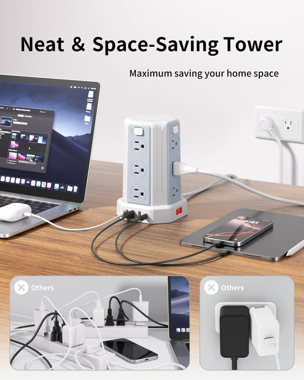 Power Strip 6.5 Ft Extension Cord with 12 AC Multiple Outlets 4 USB (1 USB C), SMALLRT Power Strip Tower Desktop Charging Station for Home Office College Dorm Essentials