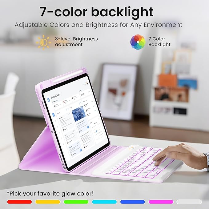 BLUTLOTUS Keyboard Case for iPad 9th/8th/7th Generation 10.2 inch 2021/2020/2019, iPad Pro 10.5-inch Case with Keyboard,iPad Air 3 2019, 7 Color Backlit Removable Bluetooth Wireless(Purple)