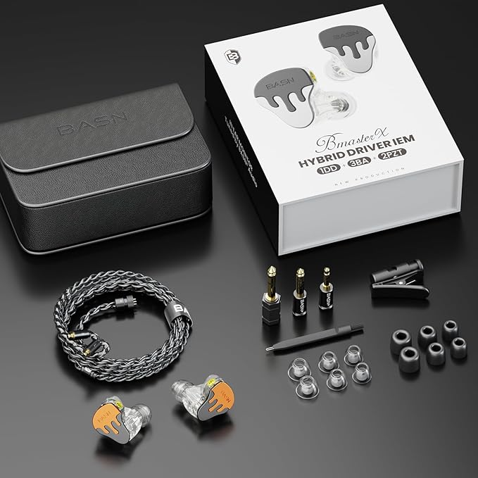 BASN BmasterX in Ear Audio Monitor, Hybrid 6 Drivers IEM Earphones with Crystal Clear Sound, Detachable Cable Plus Carrying Case & Fit Kit for Musician, Stage, Studio (3.5mm/4.4mm Jack, Orange/Black)