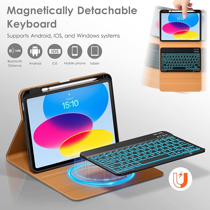 DTTO for iPad 11th (A16)/ 10th Generation Case with Keyboard (2025/2022), 7 Colors Backlit Wireless Detachable Keyboard Leather Folio Cover with Pencil Holder & Pocket, Gray