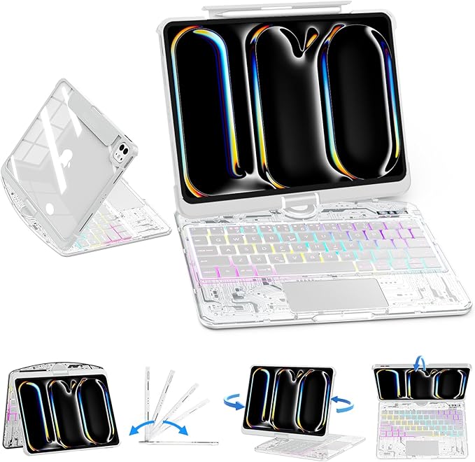 SIBEITU Keyboard Case for iPad Pro 11 Inch (M5 2025 / M4 2024), 360 Rotatable iPad Pro 11 Clear Cover with Multi-Touch Trackpad, 7-Color Backlight & 3 Brightness, High-Tech Visible PCB Design, White