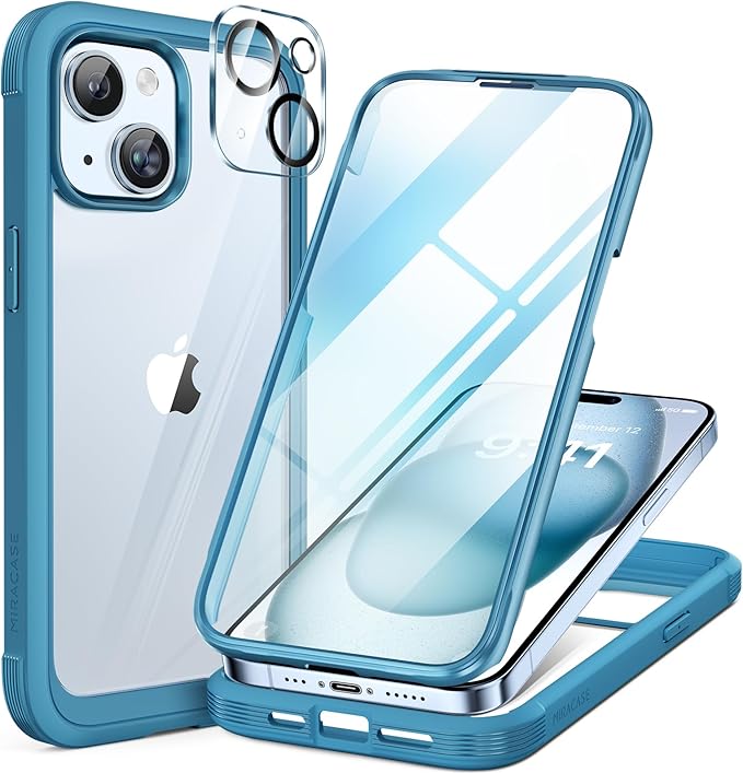Miracase Glass Series Designed for iPhone 15 Plus Case 6.7'[only for 15 Plus] Phone Case Cover with Built-in 9H Tempered Glass Screen Protector,Blue