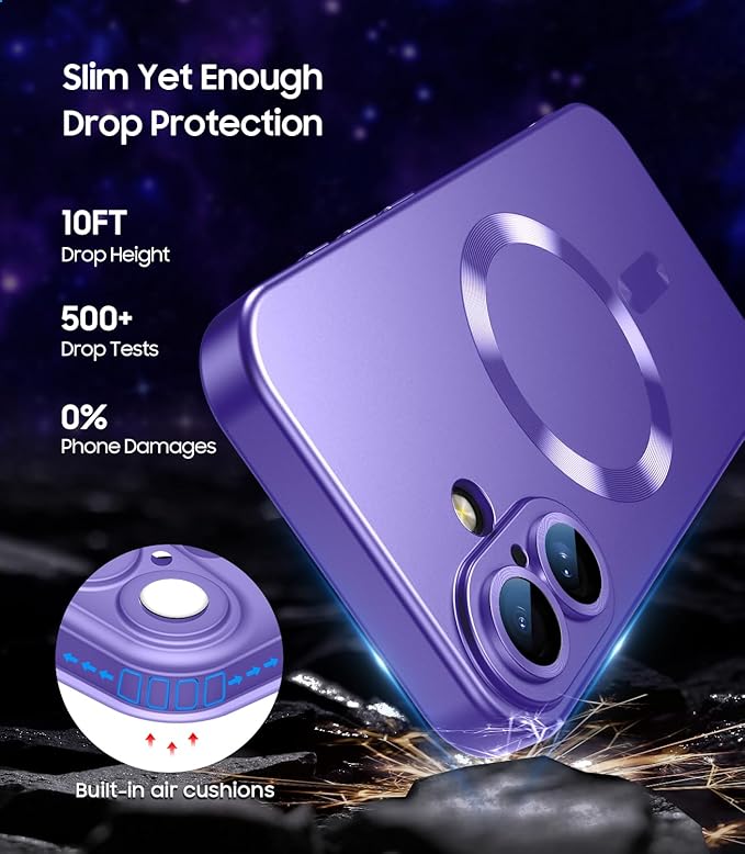 LEKEVO Magnetic for iPhone 16 Plus Case [Compatible with MagSafe][Built-in Camera Lens Protector] Slim Soft Silicone Bumper Shockproof Metallic Luster Phone Case (Purple)