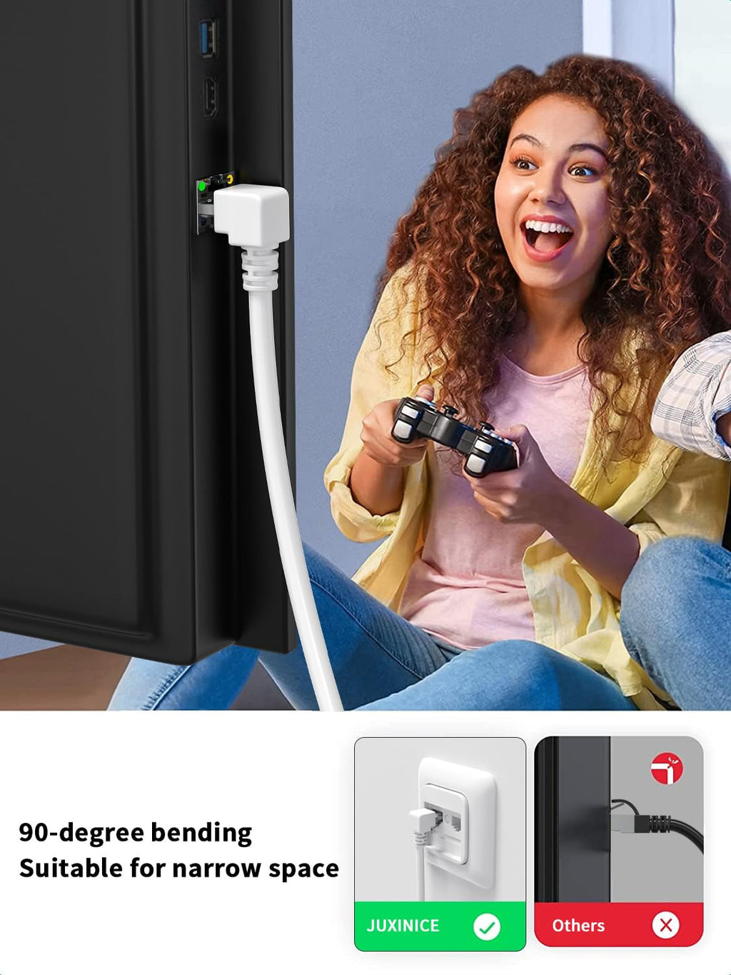 JUXINICE Right Angle Ethernet Extension Cable Down Angle1.5ft-White, 90 Degree CAT6 Ethernet Patch Cable RJ45 LAN Cable Extender Male to Female Connector for Router Modem Smart TV PC Computer Laptop