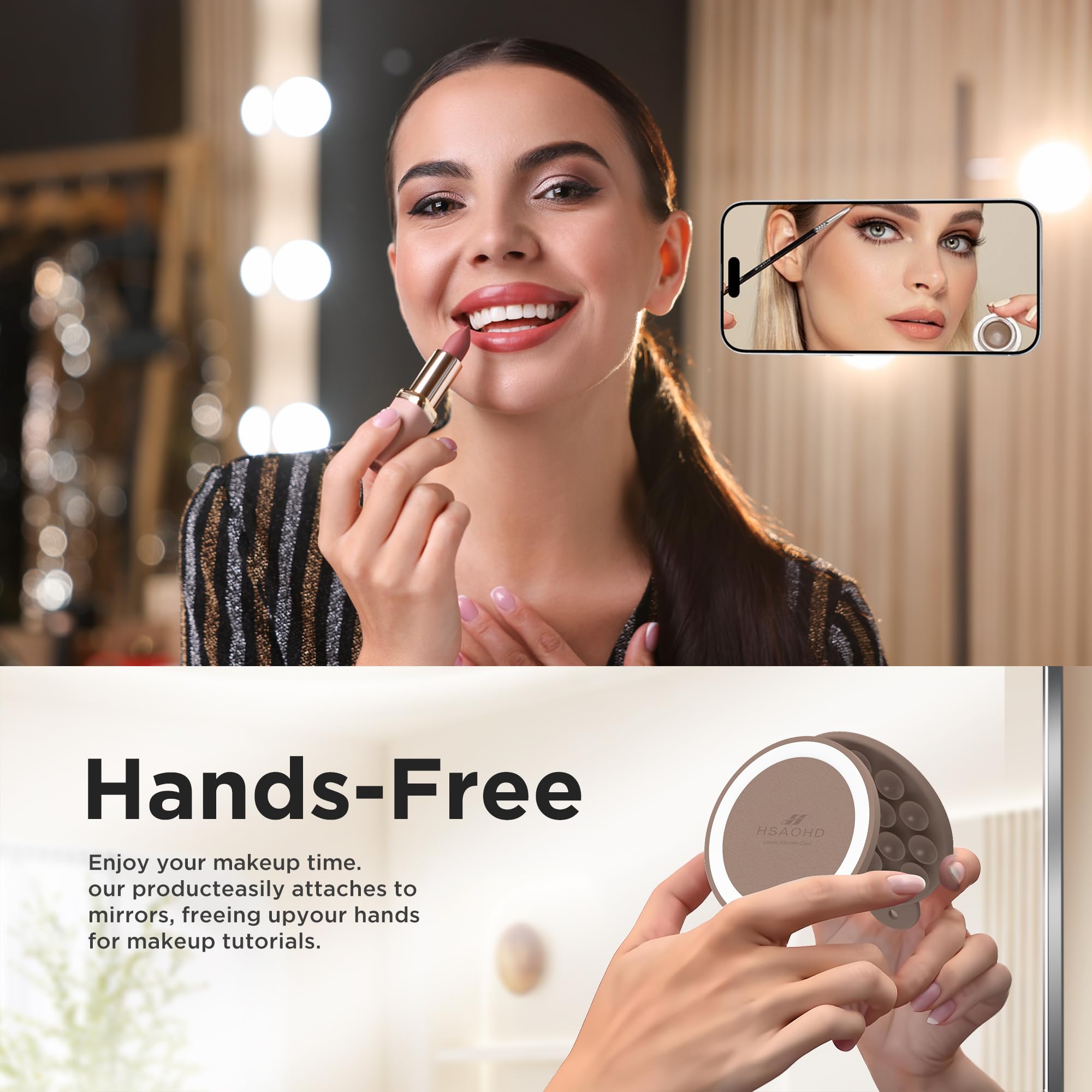 HSAOHD Magnetic Suction Cup Phone Mount with MagSafe, Silicone Hands-Free Grip Holder for iPhone Case and Android, Mirror Shower Phone Stand for Makeup FaceTime Gym Kitchen Bathroom, Light Brown