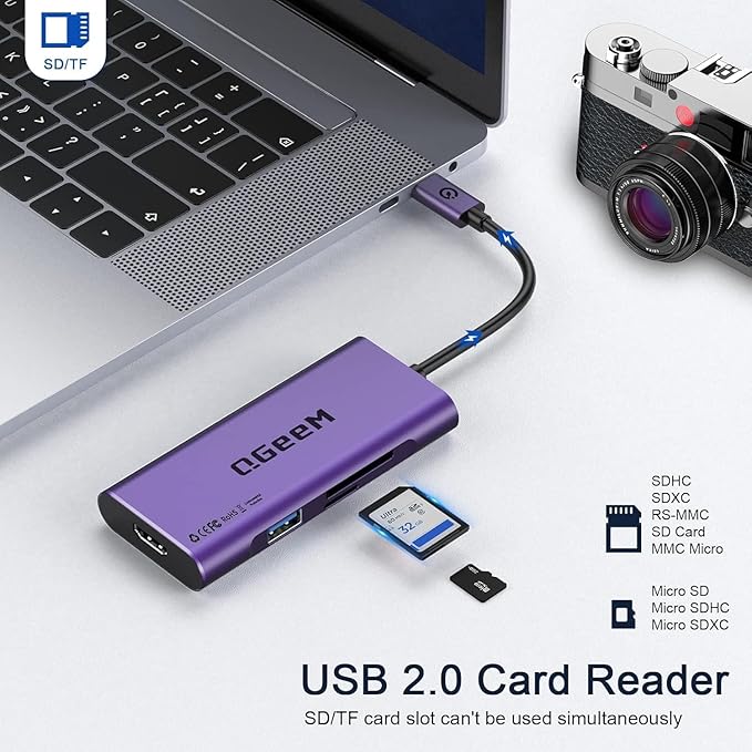 USB C Hub, QGeeM USB 4k to HDMI Adapter, 7 in 1 USB-C Dongle with 100W PD,USB 3.0, Card Reader, Compatible for MacBook iPhone 15/16 Ipad Pro max,Chromebook Laptop USB Type C Dock-Purple