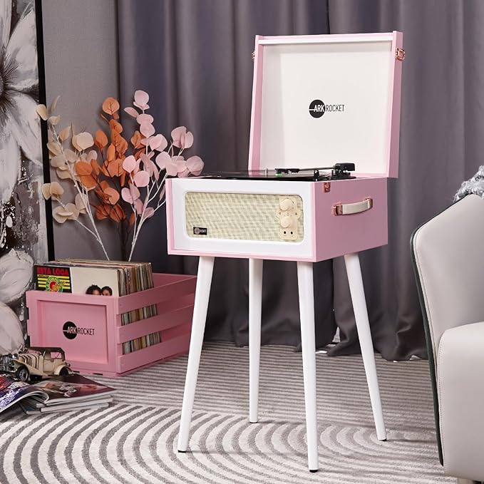 Arkrocket Discovery II 3-Speed Bluetooth Record Player Retro Console Turntable with Built-in Speakers and Removable Legs (Pink/White)