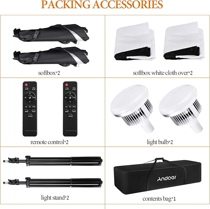 Andoer Studio Photography Light kit Softbox Lighting Set with 85W 2800K-5700K Bi-Color Temperature LED Light * 2 + 50x70cm Softbox * 2 + 2M Light Stand * 2 + Remote Control * 2 + Carry Bag * 1