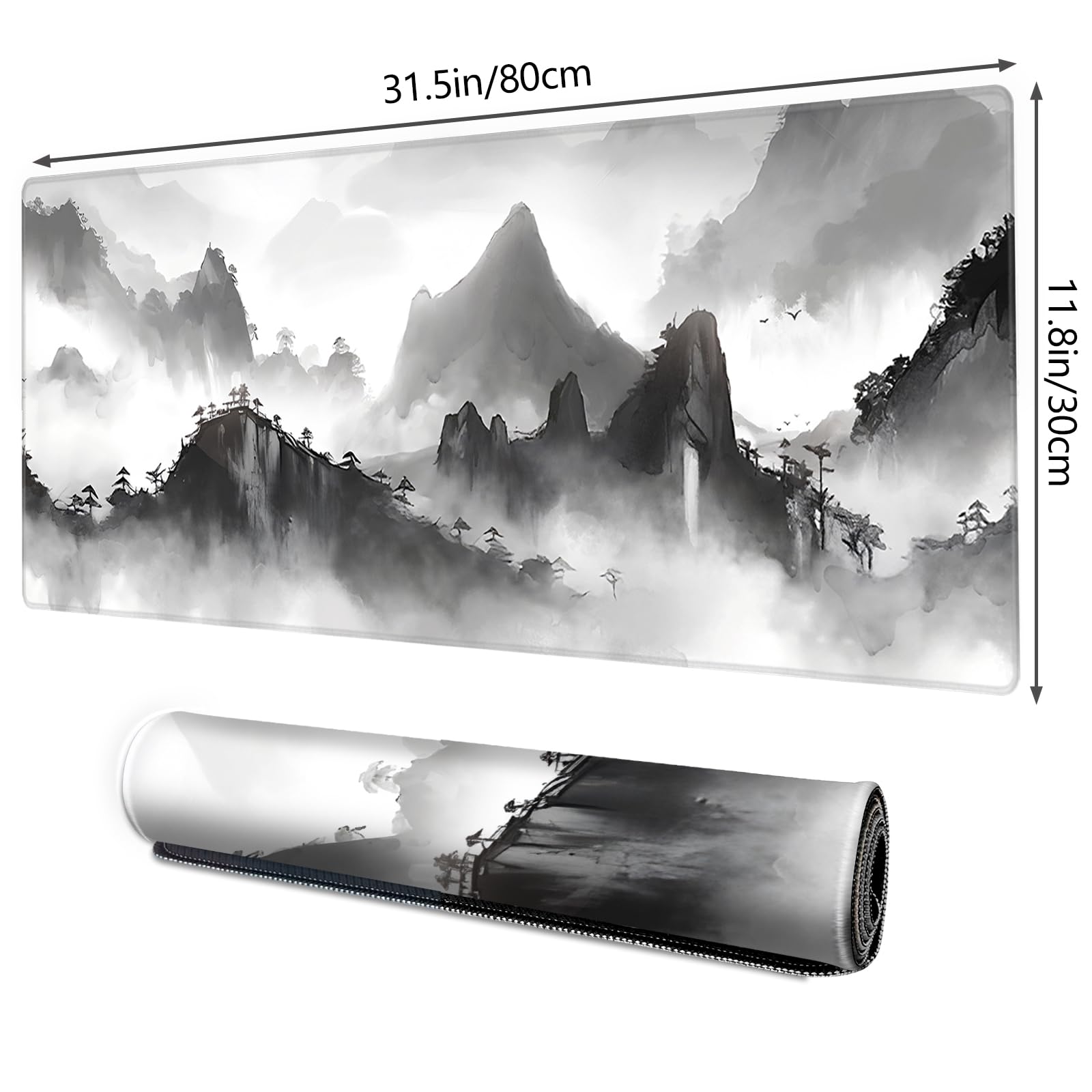 Galdas Mouse Pad for Gaming,XXL XL Large Mouse Mat Long Extended Mousepad Desk Mat Non-Slip Rubber Mice Pads Stitched Edges Thin,Black Ink Background (31.5 x 11.8 x 0.12 Inches)