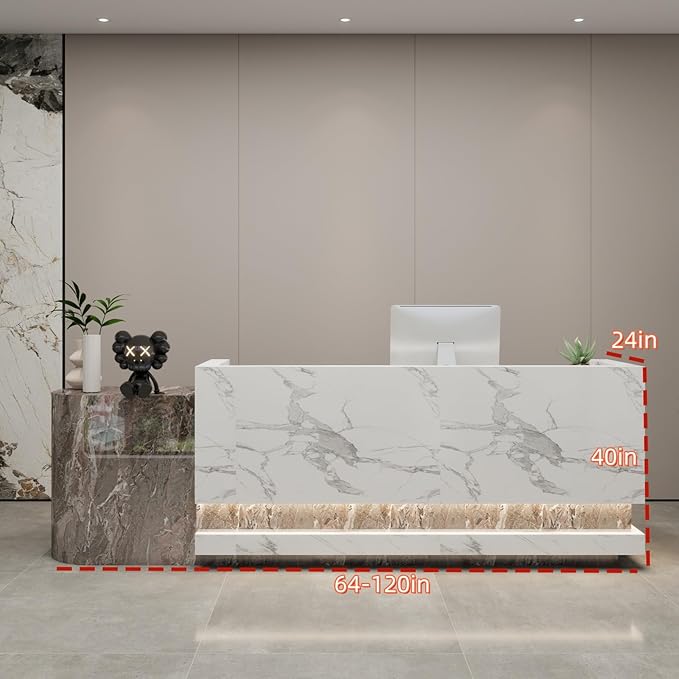 Front Desk Reception Counter - Lockable Storage & Keyboard Tray | Reception Desk with Counter, Customizable Large Counter Table (Grey+White, 96'')